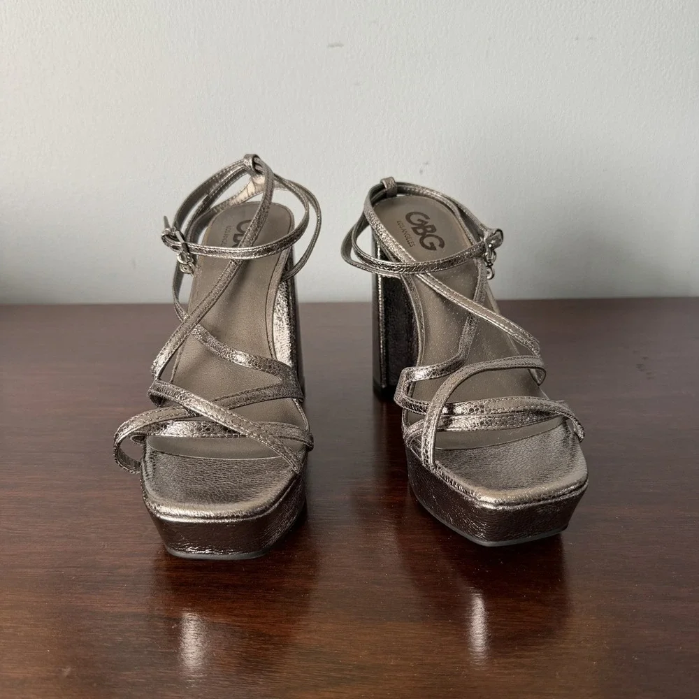 GBG Silver Open Toe Heels Anklet Chunky Dress Shoe  Size 7.5